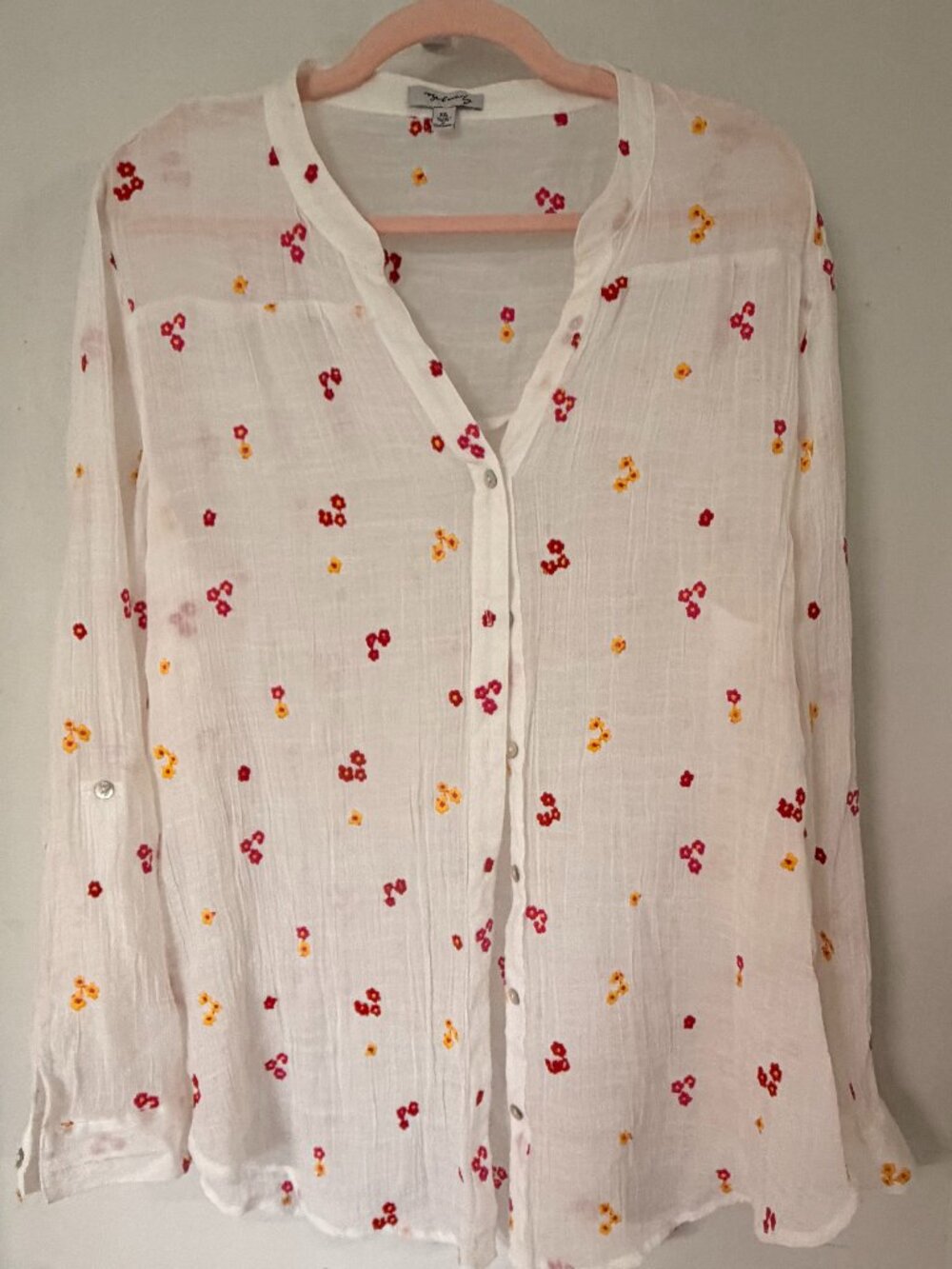 Rose Beverly Womens Top XXL White Sheer Floral Long Sleeve Button Up Plus Size